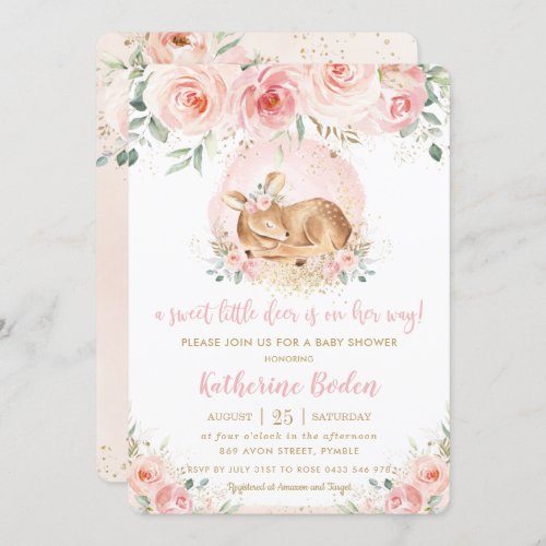 Chic Pink Floral Cute Baby Deer Girl Baby Shower Invitation