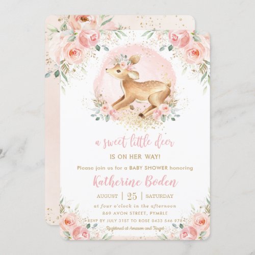 Chic Pink Floral Cute Deer Fawn Girl Baby Shower Invitation
