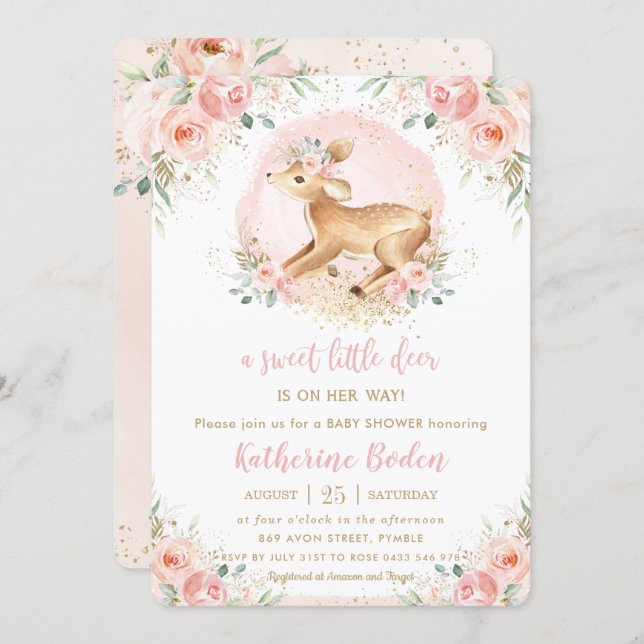 Chic Pink Floral Cute Deer Fawn Girl Baby Shower Invitation (Front/Back)
