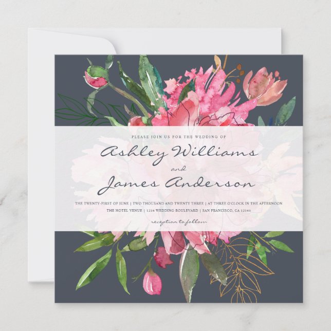 Chic Pink Floral Dark Blue Wedding Invitation (Front)