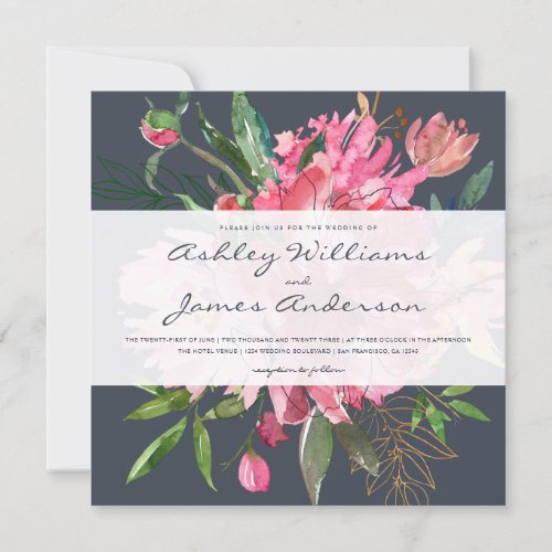 Chic Pink Floral Dark Blue Wedding Invitation