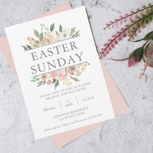 Chic Pink Floral Easter Sunday Brunch Egg Hunt Invitation