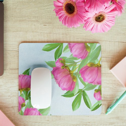 Chic Pink Floral Elegant Simple Watercolor Peony Mouse Pad