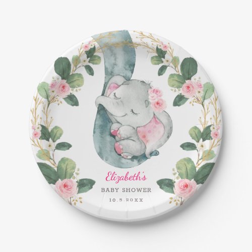 Chic Pink Floral Elephant Baby Shower Girl Paper Plates