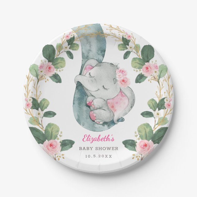 Chic Pink Floral Elephant Baby Shower Girl Paper Plates (Front)