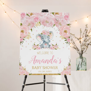 Chic Pink Floral Elephant Baby Shower Welcome Foam Board