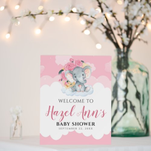 Chic Pink Floral Elephant Girl Baby Shower Welcome Foam Board