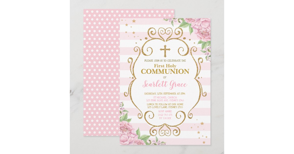 Chic Pink Floral First Holy Communion Princess Invitation | Zazzle