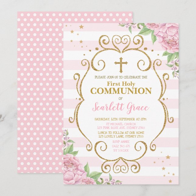 Chic Pink Floral First Holy Communion Princess Invitation (Front/Back)
