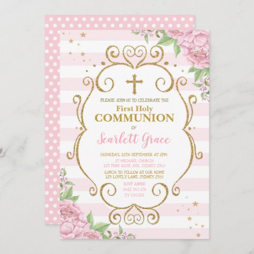 Chic Pink Floral First Holy Communion Princess Invitation