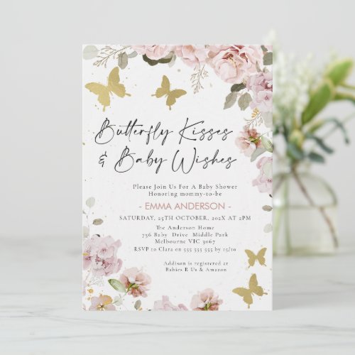 Chic Pink Floral Gold Butterfly Kisses Baby Shower Invitation