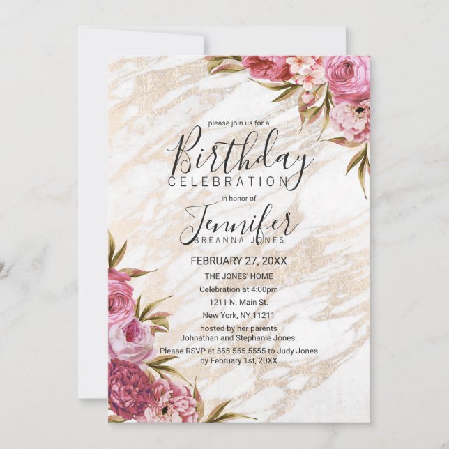 Chic Pink Floral Gold Marble Birthday Party Invitation (Front)