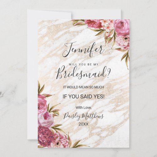 Chic Pink Floral Gold Marble Bridesmaid Invitation