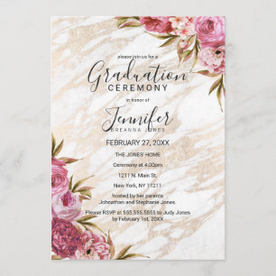 Chic Pink Floral Gold Marble Graduation Ceremony Invitation