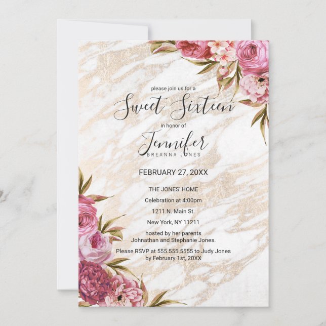 Chic Pink Floral Gold Marble Sweet 16 Invitation (Front)