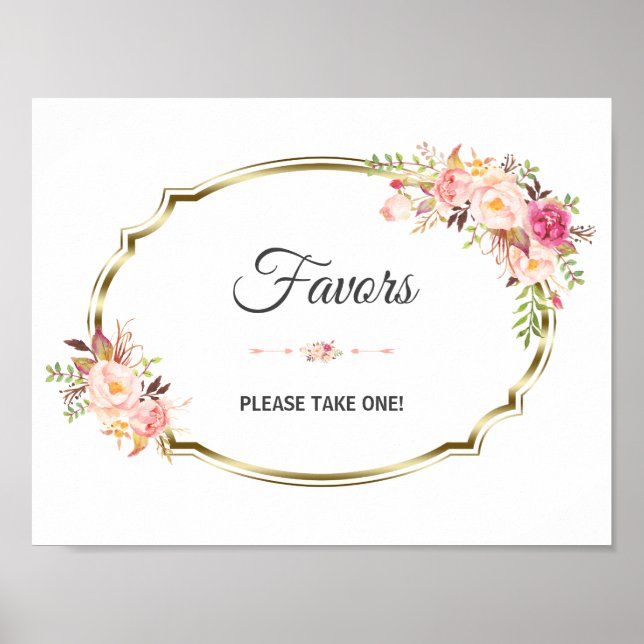Chic Pink Floral Gold Wedding Favor Sign (Front)