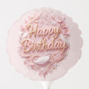 Chic Pink Floral Heart Birthday Balloon, Gold Happ Balloon