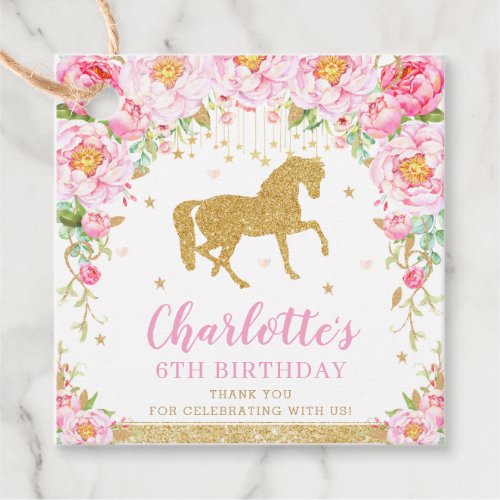 Chic Pink Floral Horse Birthday Party Thank You Favor Tags