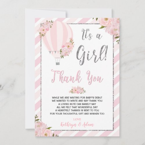Chic Pink Floral Hot Air Balloon Baby Shower Thank You Card