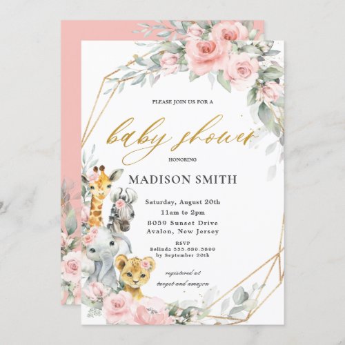 Chic Pink Floral Jungle Animals Baby Shower Girl Invitation