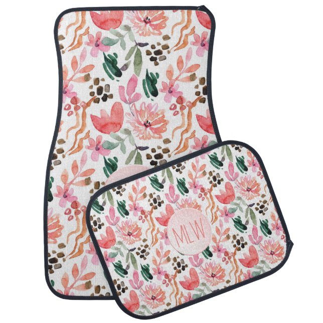 Chic Pink Floral Monogrammed Car Floor Mat (Set)