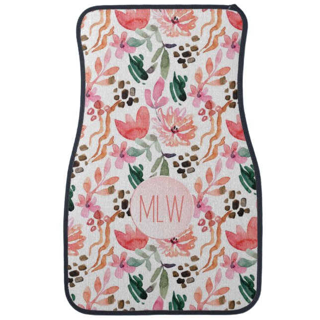 Chic Pink Floral Monogrammed Car Floor Mat (Front)
