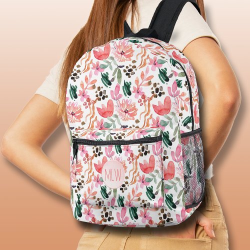 Chic Pink Floral Monogrammed Printed Backpack