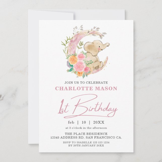 Chic Pink Floral Moon Girl Elephant 1st Birthday Invitation (Front)