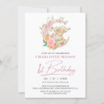 Chic Pink Floral Moon Girl Elephant 1st Birthday Invitation at Zazzle