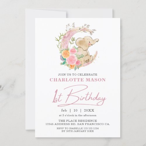 Chic Pink Floral Moon Girl Elephant 1st Birthday Invitation