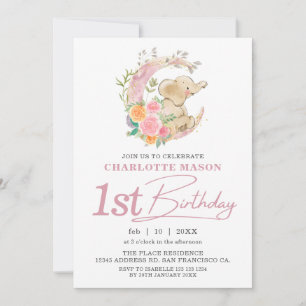 Chic Pink Floral Moon Girl Elephant 1st Birthday Invitation
