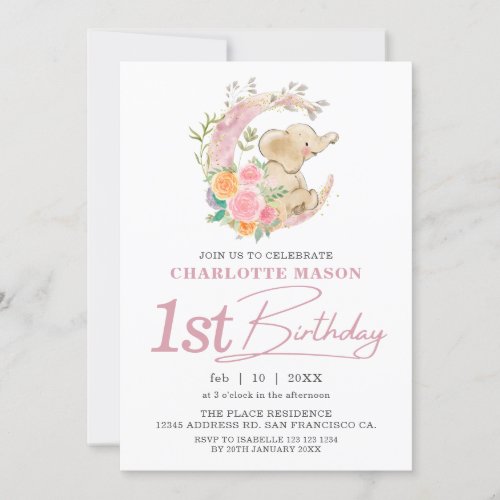 Chic Pink Floral Moon Girl Elephant 1st Birthday Invitation