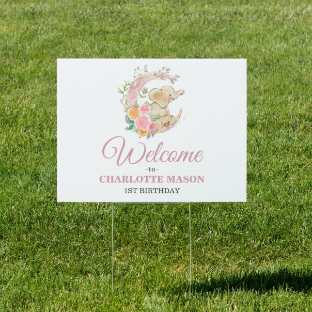 Chic Pink Floral Moon Girl Elephant 1st Birthday Sign (Insitu)