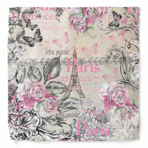 Chic pink floral Paris Eiffel Tower typography Bandana