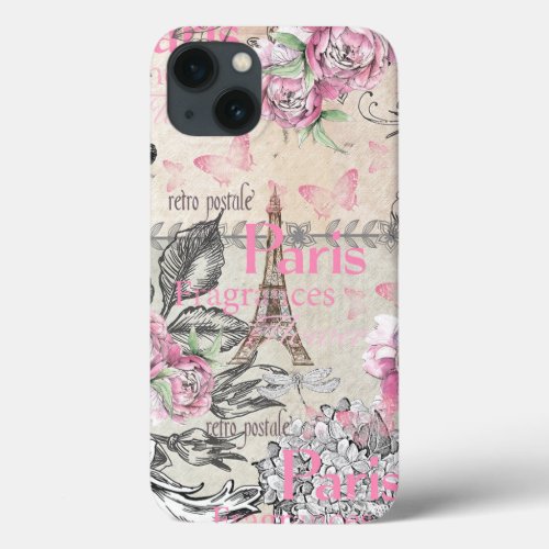 Chic pink floral Paris Eiffel Tower typography iPhone 13 Case
