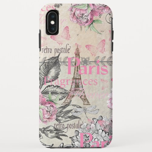 Chic pink floral Paris Eiffel Tower typography iPhone XS Max Case