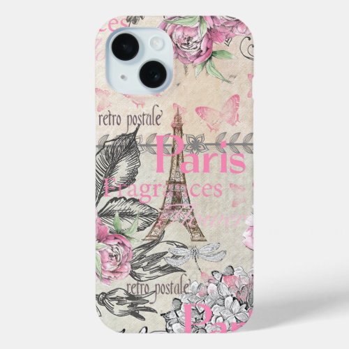 Chic pink floral Paris Eiffel Tower typography iPhone 15 Case