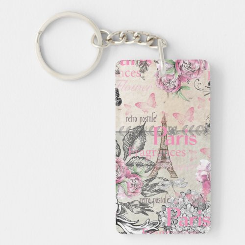 Chic pink floral Paris Eiffel Tower typography Keychain
