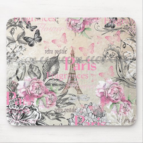 Chic pink floral Paris Eiffel Tower typography Mouse Pad