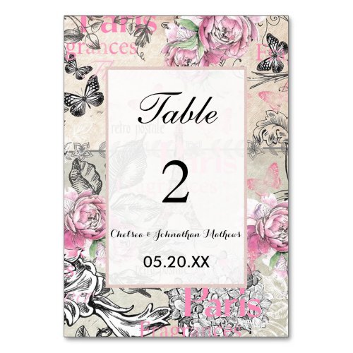 Chic pink floral Paris Eiffel Tower typography Tab Table Number