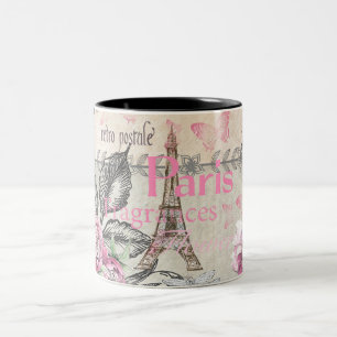 Chic pink floral Paris Eiffel Tower typography Two-Tone Coffee Mug