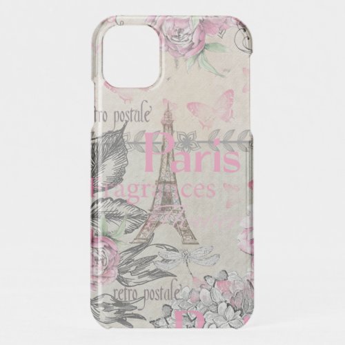 Chic pink floral Paris Eiffel Tower typography iPhone 11 Case