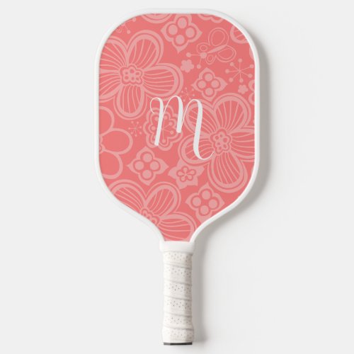 Chic Pink Floral Pattern Monogram Pickleball Paddle