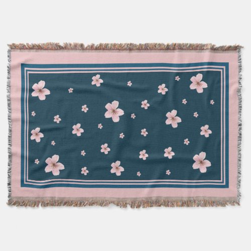 Chic Pink Floral Pattern _  Navy Blue Background Throw Blanket