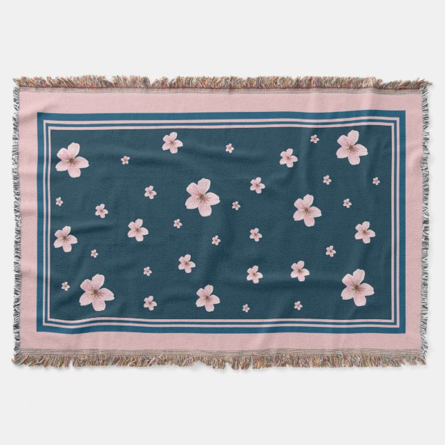 Chic Pink Floral Pattern -  Navy Blue Background Throw Blanket (Front)