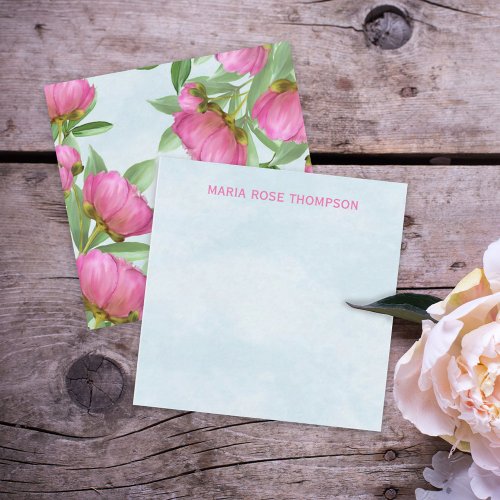 Chic Pink Floral Peonies Elegant Flower Blue Note Card