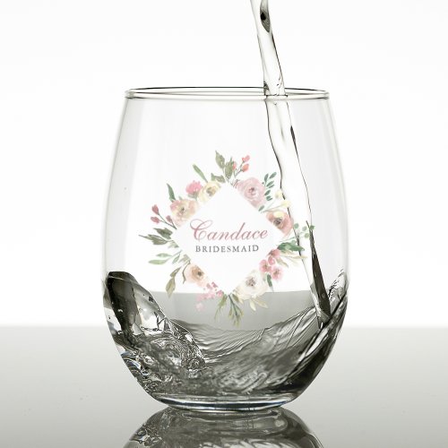 Chic Pink Floral Personalized Bridesmaid Stemless Wine Glass