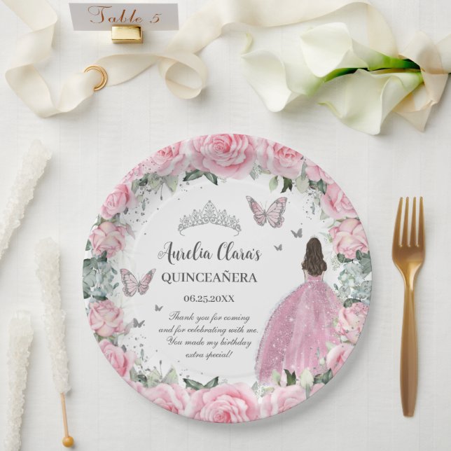 Chic Pink Floral Princess Silver Quinceañera XV Paper Plates (Wedding)
