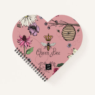 Chic Pink Floral Queen Bee & Gold Crown Notebook