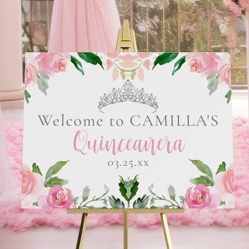 Chic Pink Floral Quinceaera Party Welcome Foam Board